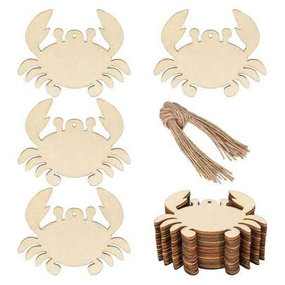 未加工的木纹螃蟹木片，木制螃蟹工艺品，DIY着色木片，适合春夏装饰