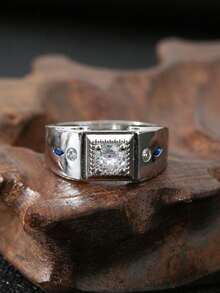 1枚奢华立方氧化锆铜戒指，商务男士时尚珠宝，适合婚礼、订婚、派对等场合。 - 銀色 - 查看 4