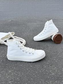 黑色帆布鞋，女士运动鞋，男士休闲系带硫化鞋，春秋韩版，简约时尚，经典高帮帆布鞋，百搭休闲运动滑板鞋 - 白色 - 查看 3