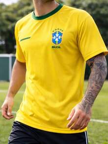 Men's World Cup Sports T-Shirt, Yellow, Green Collar, Soccer, Training, Performance, Breathable, Lightweight, Quick-Drying, Comfortable, Athlete, Field, Gym, Casual, Dynamic, Micro-Perforated - 黃色 - 查看 3