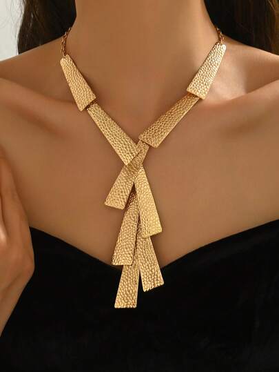 1件中东风格金属Y形项链，时尚不对称几何梯形多层吊坠长款毛衣链，百搭休闲服饰配饰