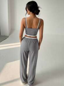 Nina Bonheur 2pcs Women Camisole Crop Top + Elastic Waist Straight Pants Cute Pajama Set - Grey - View 3