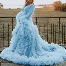 Maternity Dress  Wedding 1pc  Floral    Party  Elegant    Mesh Fabric    Knot  Ruffle Hem   Summer Fall Spring Winter  Ruffles  Long Sleeves  Kimono  Pregnant Gowns For Photoshoot  Plus Size  Gift For Valentine Day - 藍色 - 查看 3