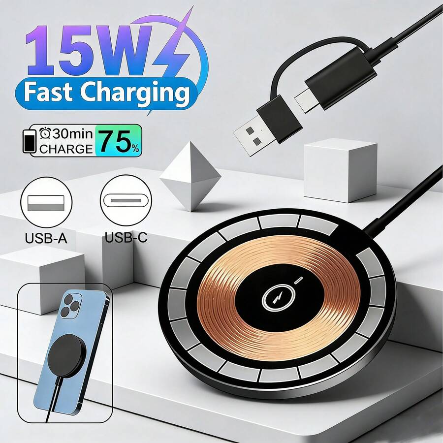 15W磁吸式无线充电板，二合一USB Type-C接口适配器，兼容 17、16/16 Pro Max、15、14、13、12，以及 3 Pro快速充电站 - 黑色 - 查看 1