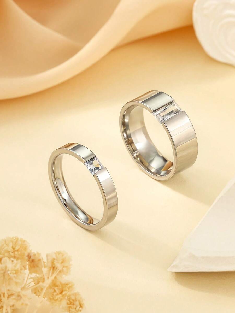 2枚不锈钢（304）银色简约光滑矩形锆石镶嵌情侣戒指 - 銀色 - 查看 1