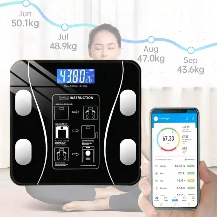 Smart Bluetooth Weight Loss Scale With App Sync - High Precision Body Composition Analyzer For BMI, Fat, Muscle, Water Tracking & Health Insights - Durable Digital Bathroom Scale  - Ideal For Home Fitness & Back To School - 黑色 - 查看 1
