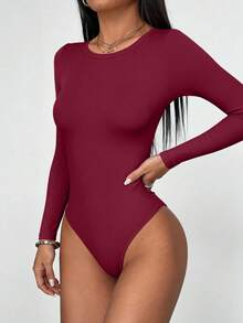 PRETTYGARDEN Women Spring Bodysuits For Long Sleeve Shirts Fitted Basic Ribbed Layering Bodys Tops Fall Fashion Winter Clothes Wine Red Vacation Rompers Outfits For Women - 酒紅色 - 查看 4