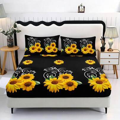 三件套黑色向日葵图案印花床单（1张床单，2个未填充枕套），2D平面印花，营造浪漫卧室氛围，卧室家居装饰，浪漫卧室床上用品必备。