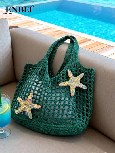  ENBEI 2026 Fashionable Spring/Summer Women's Vintage Vacation Style Beach Bag, Handwoven Shoulder Strap, Large Capacity Foldable Hollow-Out Elegant Ladies Tote Bag, Travel Essential, Suitable For Dates, Outings, Shopping, Vacations, Cruises, Perfect For Mother's Day, Valentine's Day Or Teacher's Day Gifts