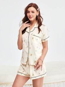 Bonmuse 2件組女款泰迪熊印花夏季睡衣套裝，短袖鈕扣襯衫與短褲，休閒居家服，夏季兩件套 - 杏色 - 查看 7