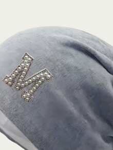 1Pc A-Z Pearl Alphabet New Stylish European & American Knitted Ponytail Hat For Women, Versatile & Warm Outdoor Beanie - Grey - View 10