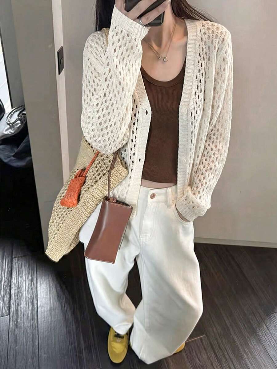 Cárdigan de punto casual para mujer de primavera/verano | Diseño calado ligero para capas, textura suave y acogedora con caída, perfecto para uso diario - Albaricoque - Ver 1