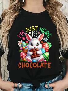 Aquí para el conejo de Pascua de chocolate comiendo camiseta floral de chocolate - Negro - Ver 1