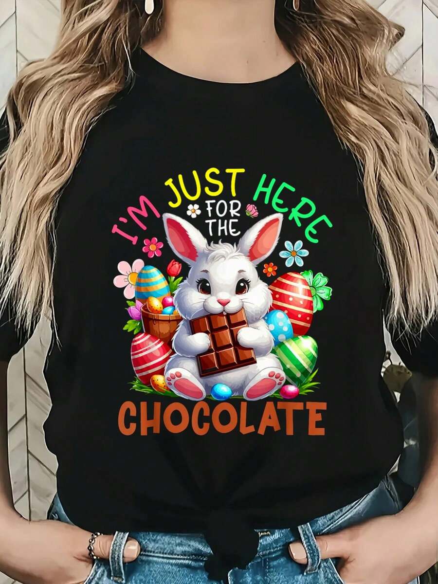 Aquí para el conejo de Pascua de chocolate comiendo camiseta floral de chocolate - Negro - Ver 1