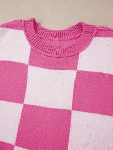 Brown Plaid Bishop Sleeve Elegant Sweater, Long Sleeve Top - 玫紅色 - 查看 9