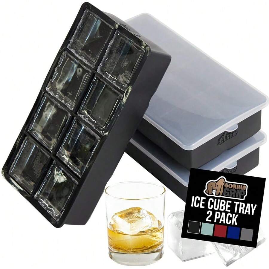 GORILLA GRIP Slow Melting Large Silicone Ice Cube Tray For Freezer, 2 Pack, Easy To Push 8 Giant Square Cubes, Use For Cocktails, Iced Coffee, Water Bottle, Frozen Puree, Kitchen Bar Essentials, Black - Black - 查看 1