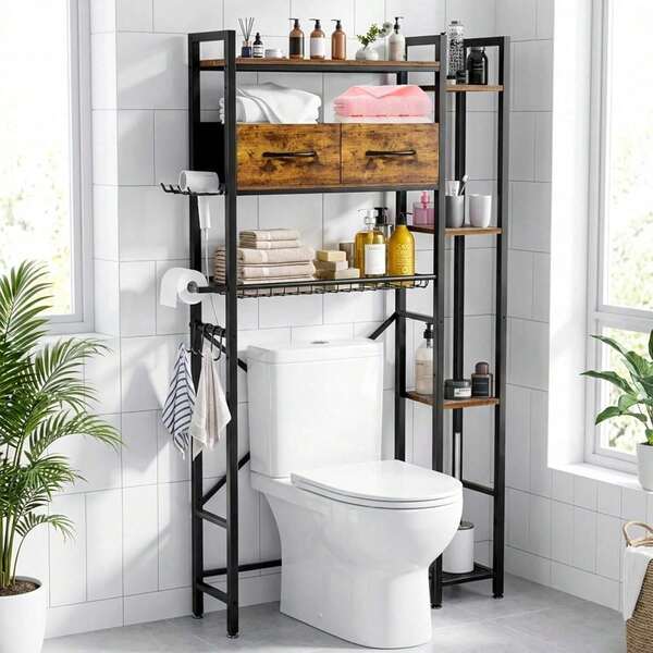 CroSpin Estante Organizador sobre Inodoro, 3 Niveles con Laterales |   Estantería de Baño Multifuncional con Cajones |   Madera Impermeable |   Fácil Montaje para Mujer |   Baño y Lavandería (Marrón)