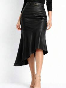 Sophisticated Midi Skirt With Asymmetrical Cutout. Does Not Include An Elegant Belt. Features An Asymmetrical Ruffled Hem. Zipper Closure. Suitable For Formal And Evening Wear. - Black - View 2