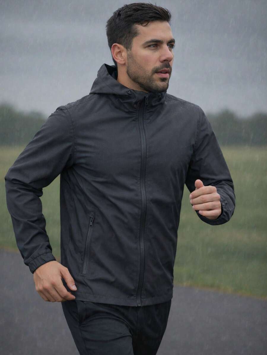 Men's Black Windbreaker Jacket With Removable Hood, Ideal For Gym Or Running - 灰色 - 查看 1