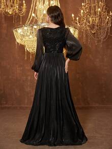 SUPGIR 女士 V 领亮片拼接喇叭袖修身雪纺优雅晚礼服 - 黑色 - 查看 4