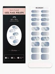20pcs Spring/Summer Gradient Semi-Cured Gel Nail Strips, Grey Glitter Cool Style UV Gel Nail Wraps, Salon-Quality, Easy Application Perfect For Women's Office, Date, Casual, Or Home DIY Manicures. - Dusty Blue - View 6