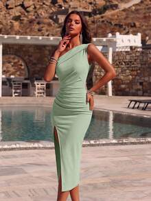 ADYCE Đầm dạ hội nữ màu trơn xếp ly lệch vai xẻ tà phía trước, thanh lịch, thích hợp dự tiệc, cocktail, khiêu vũ bán chính thức, dự đám cưới, sinh nhật, tiệc tối, lễ hội, mùa hè, lễ tốt nghiệp và các dịp khác. Mùa xuân - màu xanh lá - Xem 5