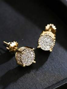 2 Pcs Round Threaded Zirconia Men's Earrings Couple Gold Plated Multicolor Hip Hop Music Festival Party New Year Valentine's Day Gift For Lovers - Earrings - View 2