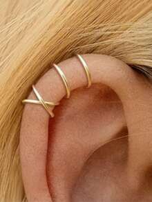 两只耳夹，简约优雅的双层设计，无需耳洞，线条现代，情侣耳环，耳环，无需电池 - 金色 - 查看 1