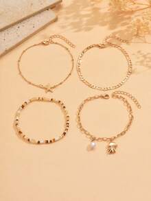 4pcs/Set Summer Beach Holiday Rice Bead Random Beaded Anklet, Starfish & Octopus Pendant Foot Jewelry, Suitable For Daily Wear And Beach Party - Multicolor - View 2