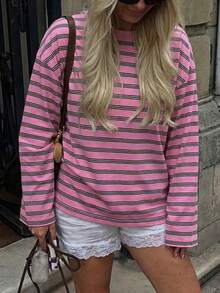 New Fashionable Elegant Round Neck Ribbed Long Sleeve Striped Knit Top Spring - Pink - View 3