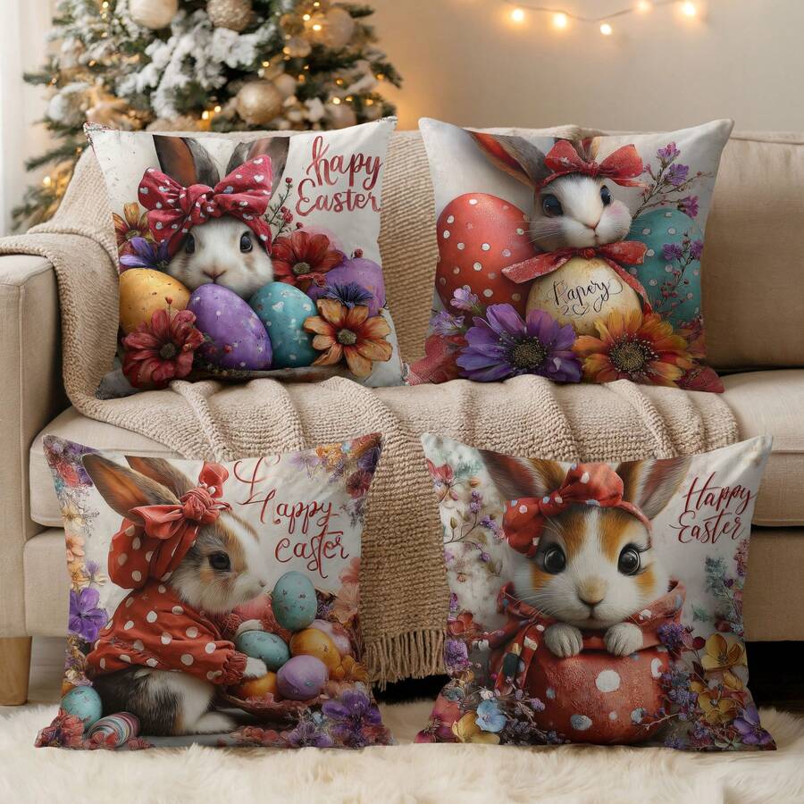 4pcs Easter Cute Rabbit Plush Print Pillow Covers, 18" X 18", Rabbit & Easter Egg Print Decorative Cushion Covers For Living Room, Bedroom, Sofa, Bed, Outdoor, Pillow Inserts Not Included - Multicolor - View 1