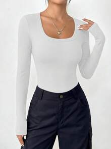 PRETTYGARDEN Women Spring And Fall Long Sleeve Shirts Clothes Cute Going Out Tops Ribbed Tight Fitted Plain Basic Tee Tshirts Vacation Outfits For Women - 淺白色 - 查看 5