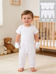 BrownBark Set de 9 piezas de ropa casual y linda para bebé niño, incluye: pelele + pantalones + protector de manos de bebé en algodón sólido y minimalista. Ropa de bebé suave y cómoda. - Blanco - Ver 3