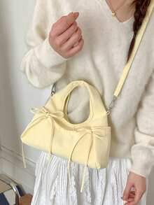 甜美风格新月形手提包，饰有蝴蝶结，多口袋设计，女士必备。Y2K芭蕾舞风格斜挎包，配有可调节肩带，是日常购物和休闲外出的理想之选。 - 黃色 - 查看 3