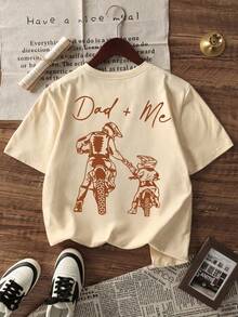 1件幼儿男童休闲印花圆领短袖T恤，夏季学生装 - 这款印有“爸爸+我”自行车图案的T恤为每个孩子带来欢乐和幸福！ - 杏色 - 查看 3