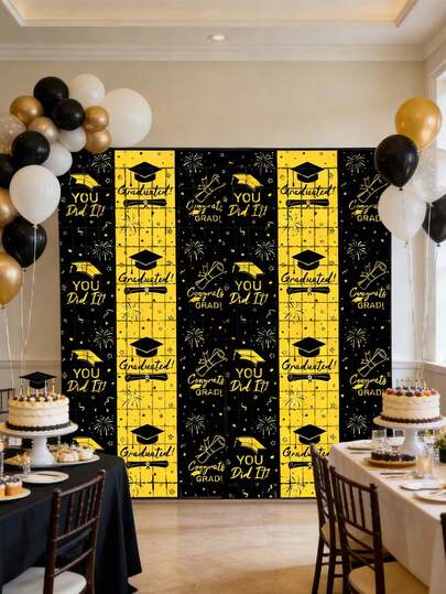2026 Graduation Season Black Gold "Graduated" Theme Backdrop, Graduation Cap Certificate Party Photo Background Wall, Graduation Ceremony Decorative Banner, Student Graduation Party Supplies