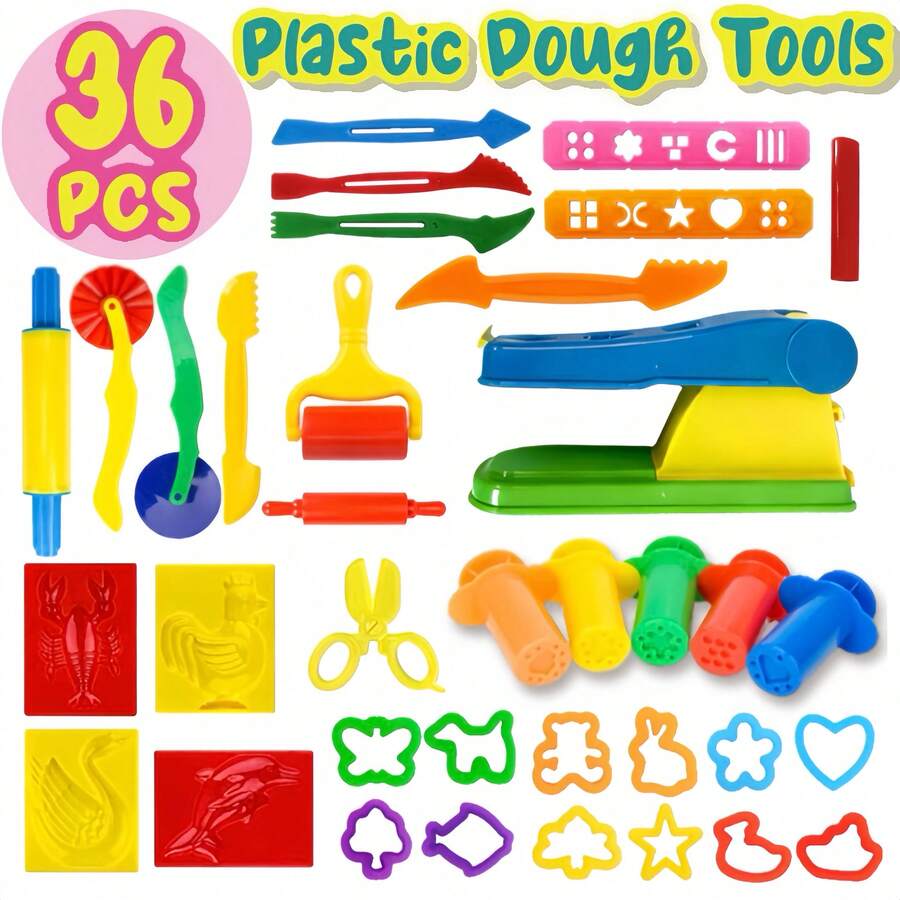 36pcs Clay Tools Set With Rolling Pin, Cutters, Scrapers - Large Blue Clay Extruder, Home Or Classroom - Colorful Animal Molds-Easy-Clean Clay Modeling Tools For Beginners & Experts, Local Warehouse