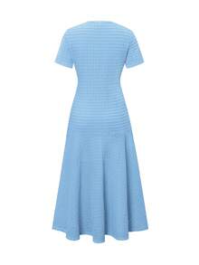 Unadoll 女士春季圆领短袖仿口袋装饰纽扣面料优雅教师套装，适合约会、郊游、生日、派对、旅行、情人节等夏季场合。 - 藍色 - 查看 5