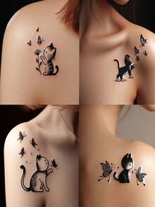 8pcs Cute & Funny Cat And Butterfly Temporary Tattoo Stickers | Unisex Body Art, Cartoon Kitty, Waterproof & Sweatproof - Multicolor - View 2