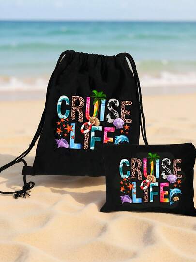Cruise Life Pattern Print Backpack - With Matching Pattern Small Bag ,Backpack With Drawstring,Casual Foldable Shoulder Bag With Fixed Straps And Closure,Drawstring Gym Bags, Large Capacity Bag,Multifunctional Drawstring Bag,Multi‑Pocket, Grocery & Travel Bag, Versatile Daily Carryall & Beauty Organizer For Women, Back To School,Shoppers, Party‑Goers & Gift Giving, For Travel, Sports,Gym,Beach