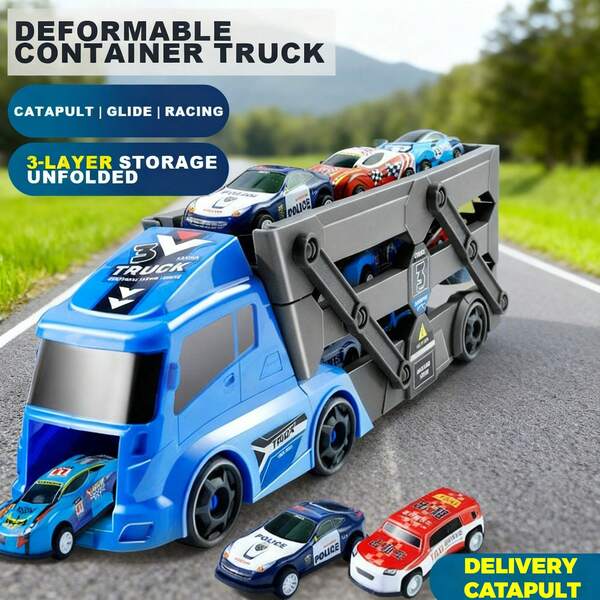 三层可折叠运输卡车玩具套装，带坡道发射器，内含6辆迷你小车 - 易于收纳和发射轨道，适合3岁以上儿童，是圣诞节、万圣节、生日礼物的绝佳选择。