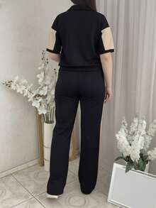 Tenue de ville décontractée pour femme, veste ample à manches courtes avec empiècement contrasté confortable + pantalon droit à jambes droites avec rayures contrastées, ensemble 2 pièces noir élégant pour l'été - Noir - Voir 5