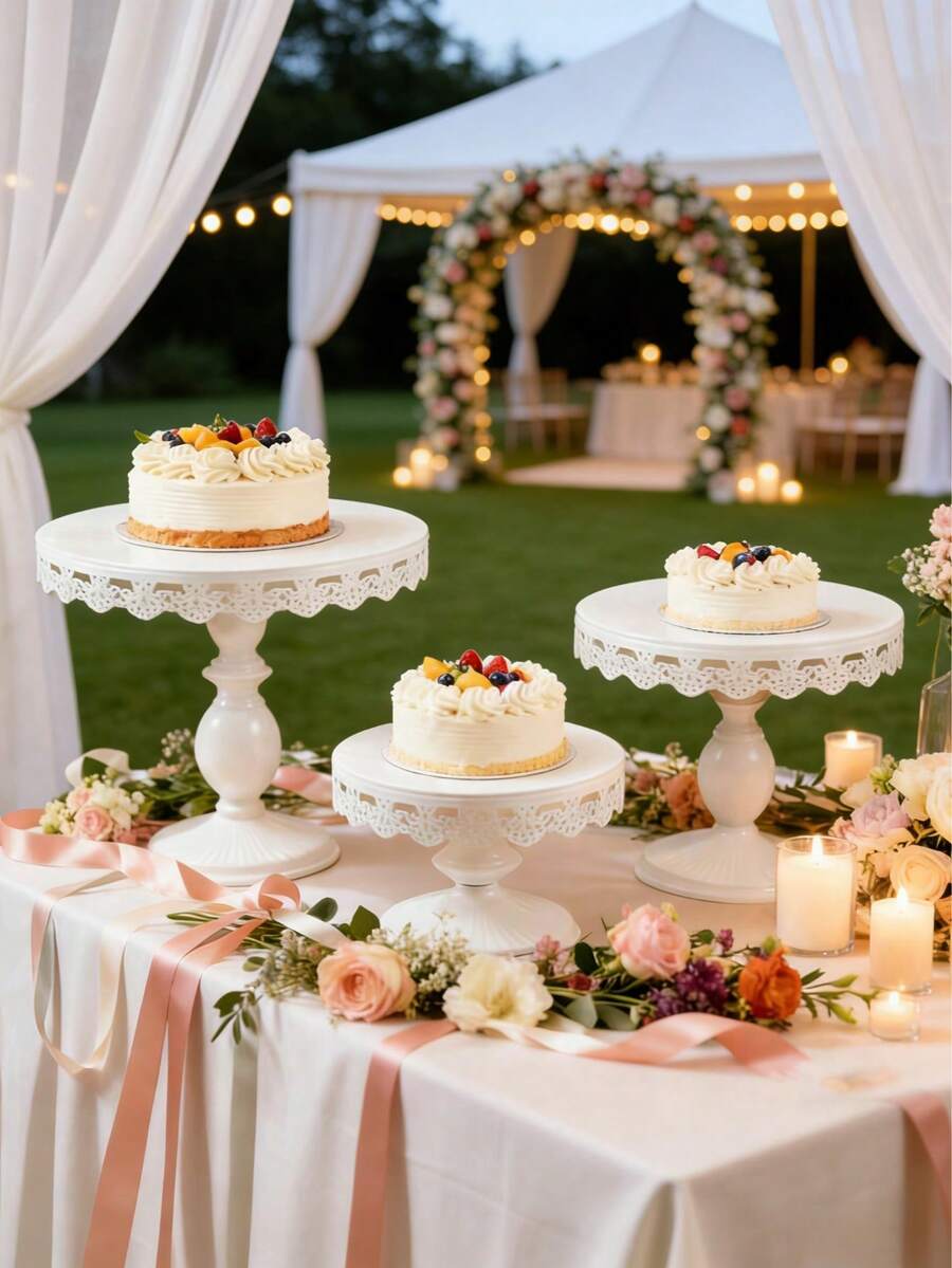 Set Of 3 Round Metal Cake Stand Set, Displaying Table For Birthday Party Cake Display Baby Shower Wedding Pastry Decor Supplies Cupcake Dessert Decoration,Dessert Table Display Set/Food Display Stands/Christmas Decor/Funny Gifts - 白色 - 查看 1