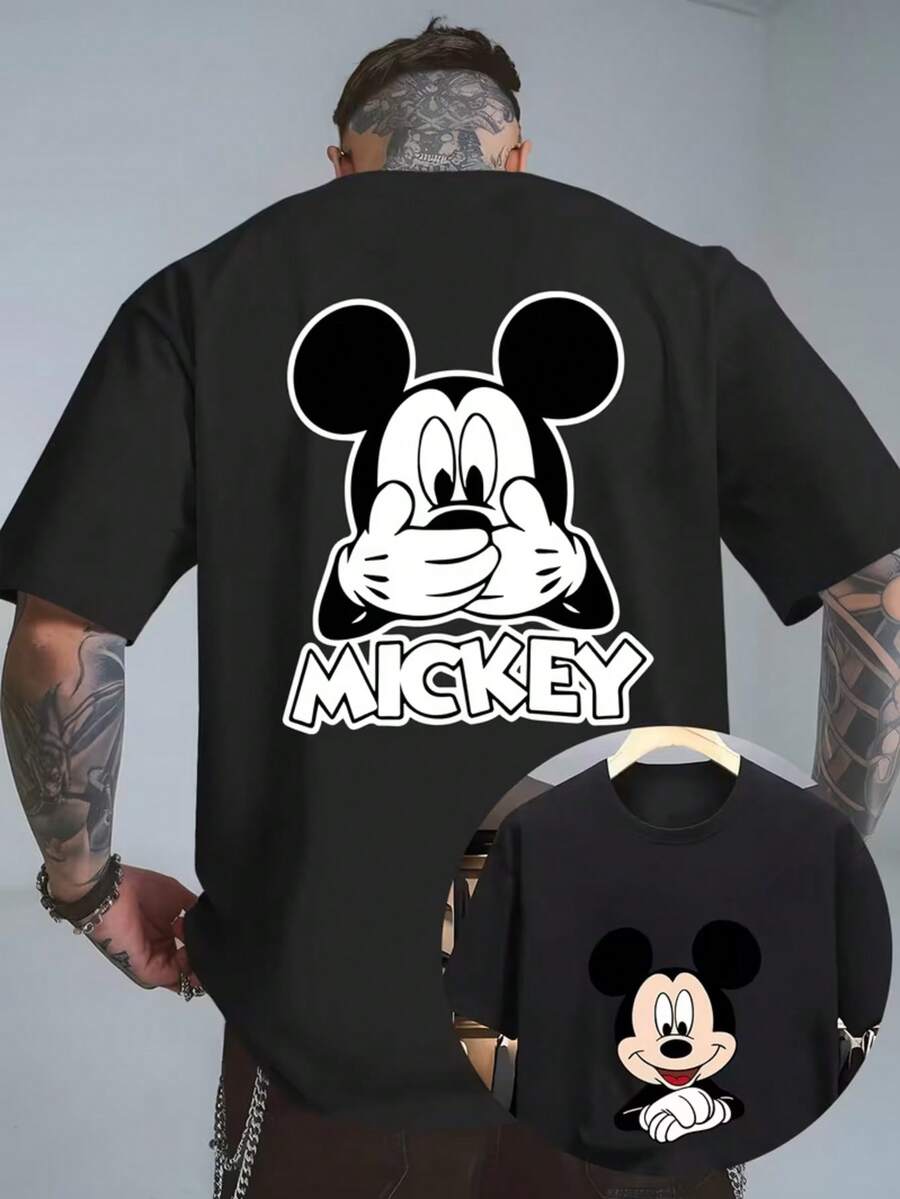 Authorized Disney Mickey Wu Mouth Printing Men's T-Shirts, T-Shirts For Leisure And Comfort, Breathable And Light, Fashionable Street Clothes, Men's Casual Shirts. - 黑色 - 查看 1