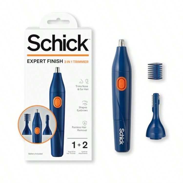 Schick Expert Finish 3 en 1 - Recortadora de nariz y oídos recortadora de cejas para hombres recortadora eléctrica para depilación sin dolor cortadora de nariz recortadora de cejas recortadora inalámbrica - Azul - Añade 2