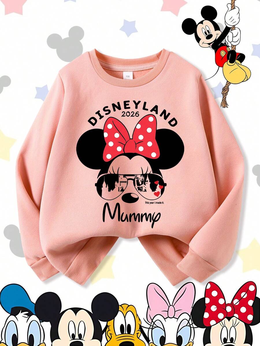 Disneyland 2026 Minnie Mouse Mummy Vacation Castle Comfortable Print Young Girls' Long Sleeve Sweatshirt, Suitable For Autumn/Winter, Lightweight And Cozy, Great For Layering In Fall, Fashionable Casual Wear, Graphic Design, Back To School Season, Autumn, Back To School Party, Suitable For Outdoor Picnic, Street Photography, Home, Campus, Holidays, New Year Gift - 粉色 - 查看 1