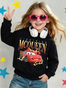 Disney Cars Lightning McQueen Red Thunder Text Graphic Comfortable Print Young Girls' Long Sleeve Sweatshirt, Suitable For Autumn/Winter, Lightweight And Cozy, Great For Layering In Fall, Fashionable Casual Wear, Graphic Design, Back To School Season, Autumn, Back To School Party, Suitable For Outdoor Picnic, Street Photography, Home, Campus, Holidays, New Year Gift - Black - View 1