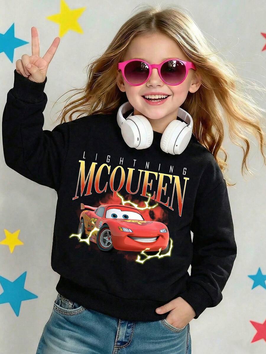 Disney Cars Lightning McQueen Red Thunder Text Graphic Comfortable Print Young Girls' Long Sleeve Sweatshirt, Suitable For Autumn/Winter, Lightweight And Cozy, Great For Layering In Fall, Fashionable Casual Wear, Graphic Design, Back To School Season, Autumn, Back To School Party, Suitable For Outdoor Picnic, Street Photography, Home, Campus, Holidays, New Year Gift - Black - View 1