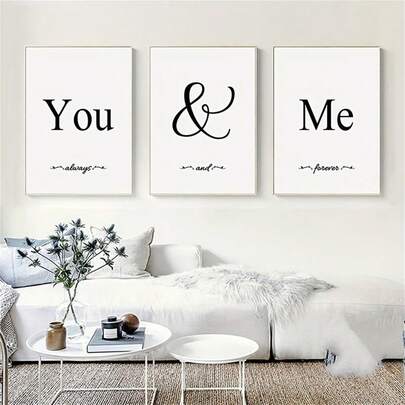 3pcs Set Minimalist "You And Me" Canvas Wall Art Decor Set, Suitable For Living Room, Bedroom, Office - Modern Art Print Poster With Text - Elegant Home Decor Wall Art, Wall Art, Poster, Framed Canvas Wall Art (Frame Optional)