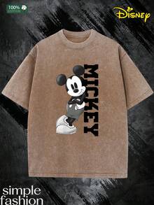 Disney Men's 230g Heavyweight Cotton T-Shirt - Mickey Mouse Street Print, Disney's Iconic Character, Soft Washed Texture, Loose Round Neck, Machine Washable, Suitable For Casual, Beach, Party, And Outdoor Activities, Vintage T-Shirt - 咖啡棕 - 查看 2